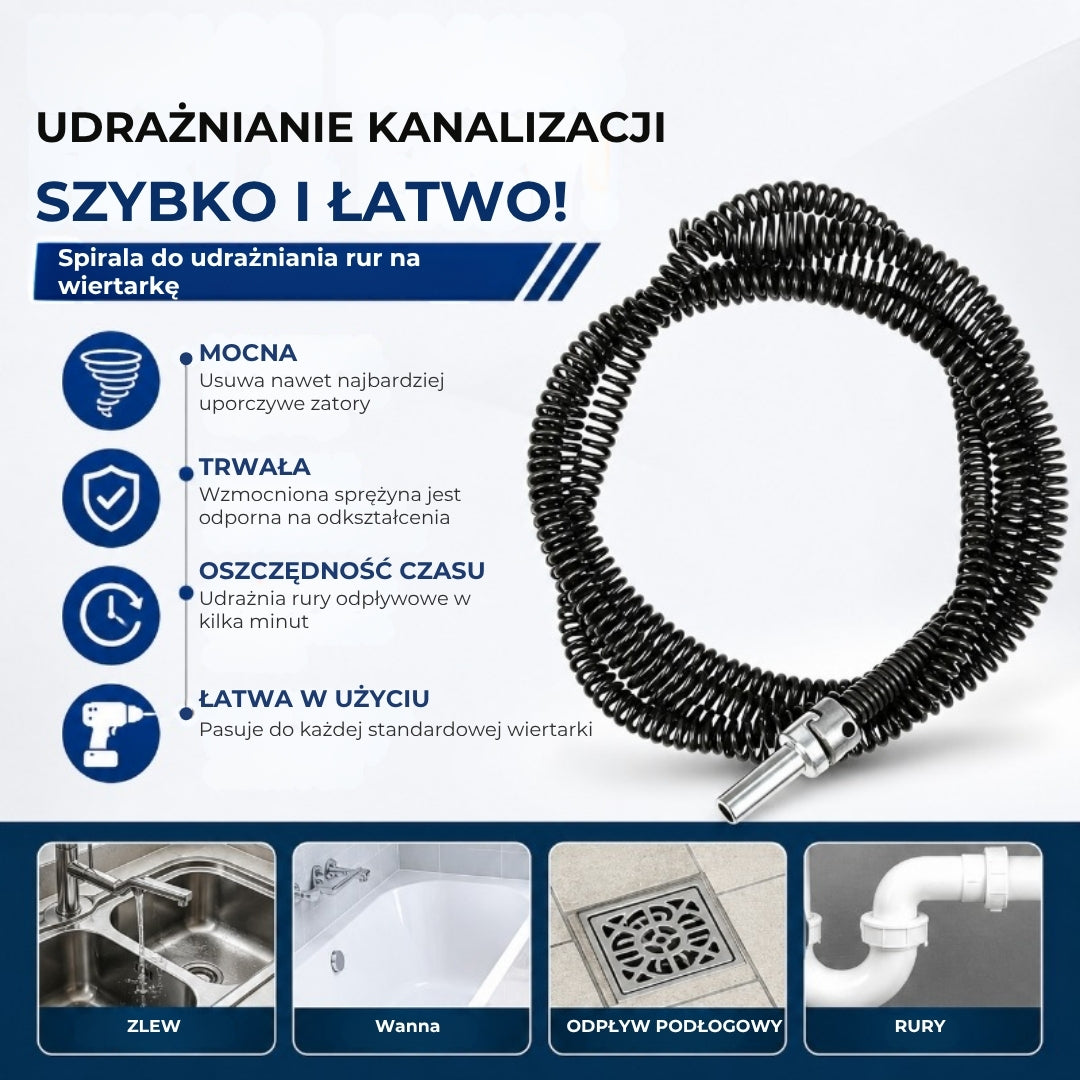 Sprężyna do czyszczenia rur (końcówka do wiertarki)