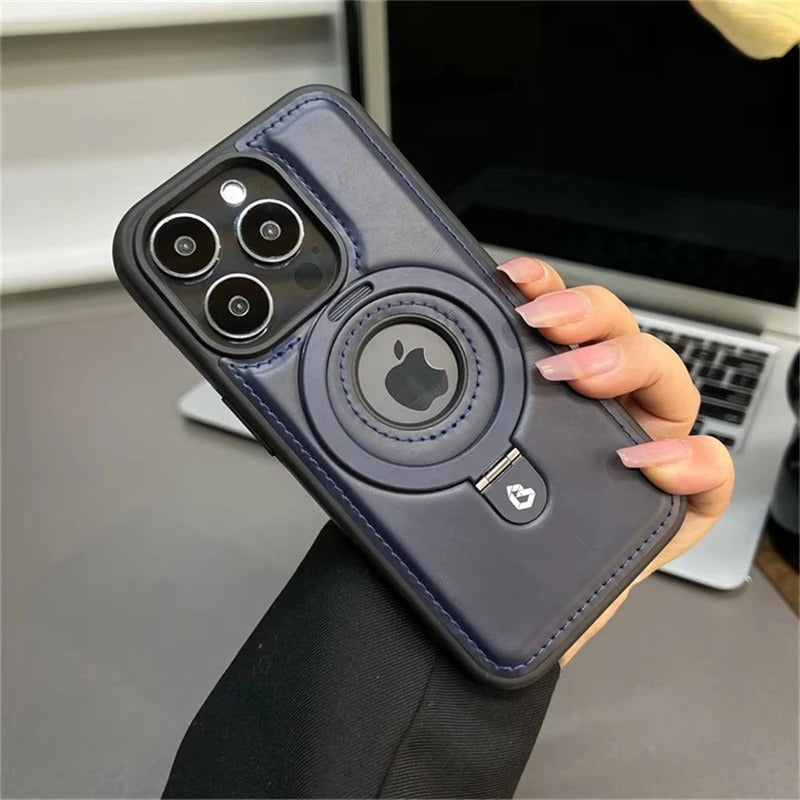 Luksusowe skórzane etui na iPhone'a z wbudowaną podstawką