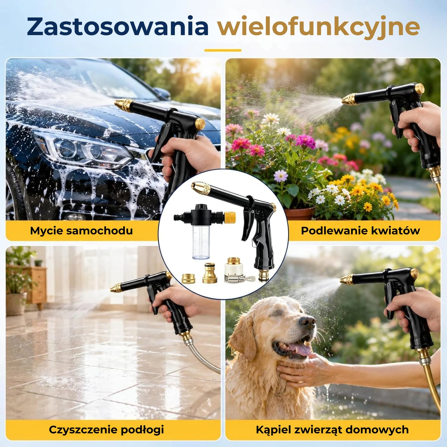 Pistoletowa końcówka do węża ogrodowego z dozownikiem piany