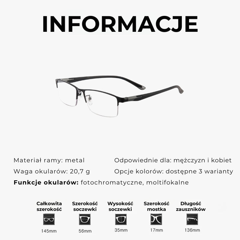 Wielosferyczne okulary do czytania z fotochromem (ultralekkie, półramkowe, metalowe)