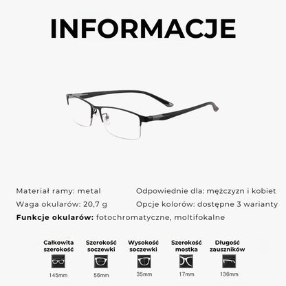 Wielosferyczne okulary do czytania z fotochromem (ultralekkie, półramkowe, metalowe)