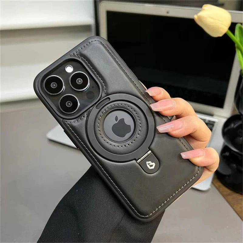 Luksusowe skórzane etui na iPhone'a z wbudowaną podstawką